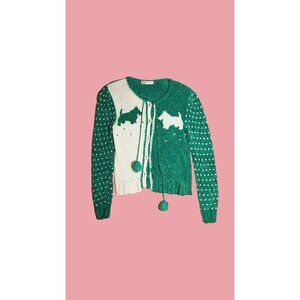 1980s EMMANUELLE KHANH Chenille. Green and White. Scottie DOG. Kitsch Pom-pom Bu
